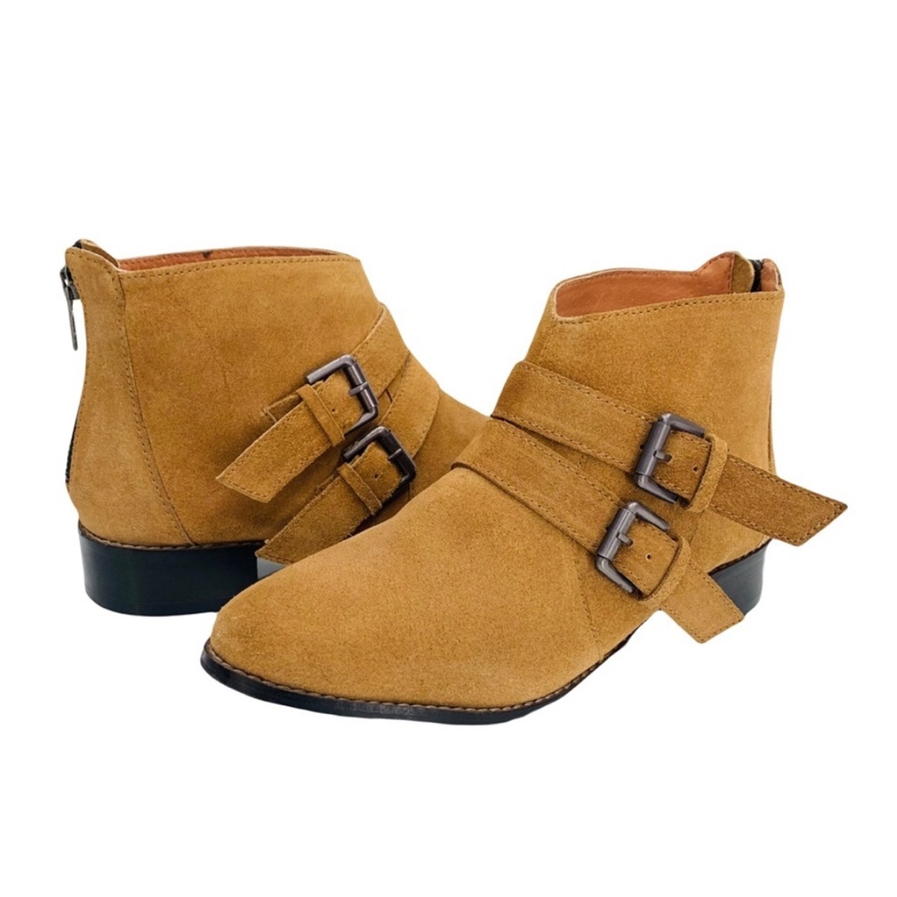 Western Ankle Boots Brown Suede Leather Eight Second Angle Double Buckle Size 7